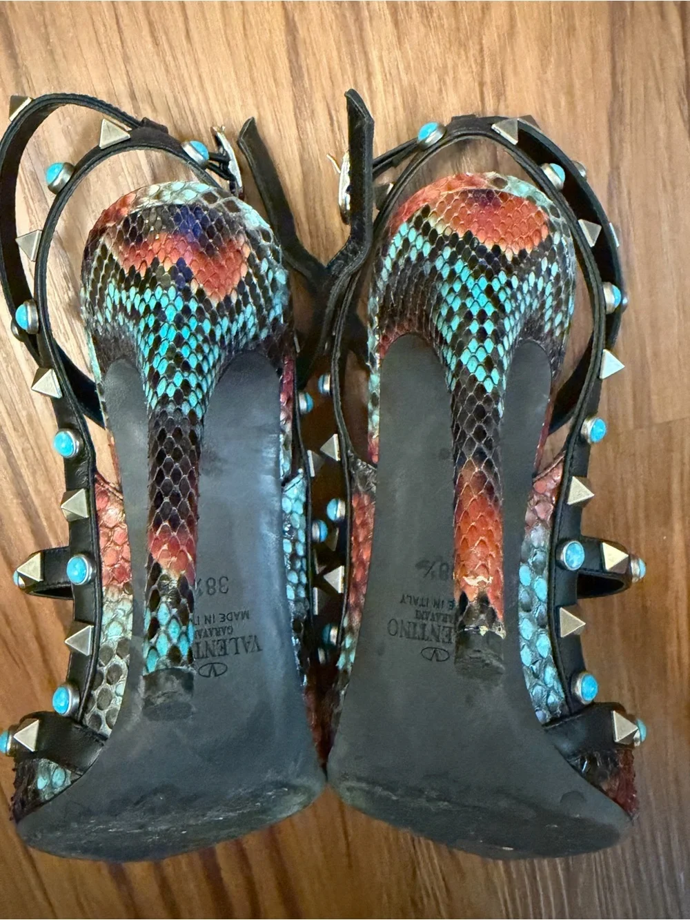Valentino Garavani Black Studded Multi-Color Python Rockstud Heels 38.5